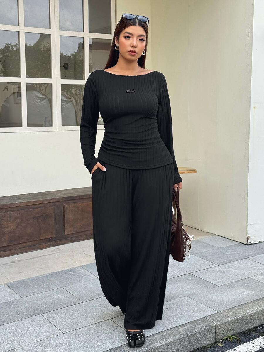 Muchica Plus Size Women Solid Color Long Sleeve T-Shirt Wide Leg Pants Casual Cargo Básica 2 Pieces Set Fall Lounge Vacation Black Homewear Going Out - Black - View 1