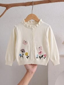 Baby Girl Floral Embroidered Pattern Single-Breasted Casual Daily Long Sleeve Autumn Winter Cardigan - Apricot - View 5