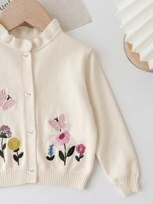 Baby Girl Floral Embroidered Pattern Single-Breasted Casual Daily Long Sleeve Autumn Winter Cardigan - Apricot - View 3