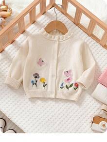 Baby Girl Floral Embroidered Pattern Single-Breasted Casual Daily Long Sleeve Autumn Winter Cardigan - Apricot - View 1