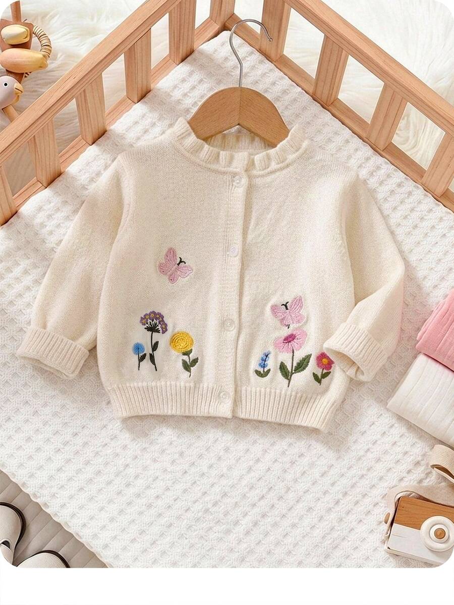 Baby Girl Floral Embroidered Pattern Single-Breasted Casual Daily Long Sleeve Autumn Winter Cardigan - Apricot - View 1