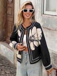 Brillora Large Floral Pattern Casual Elegant Holiday Autumn/Winter Jacket Everyday Date Night Black Floral,Western,Holiday Outfits,Back To School,National Day - Black - View 11