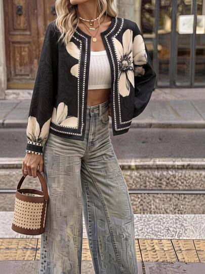 Brillora Large Floral Pattern Casual Elegant Holiday Autumn/Winter Jacket Everyday Date Night Black Floral,Western,Holiday Outfits,Back To School,National Day