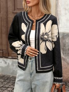 Brillora Large Floral Pattern Casual Elegant Holiday Autumn/Winter Jacket Everyday Date Night Black Floral,Western,Holiday Outfits,Back To School,National Day - Black - View 5