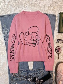 TOM & JERRY X SHEIN SHEIN EZwear 大尺碼可愛卡通印花圓領長袖毛衣，適合學校與外出，冬季穿著 - 彩色 - 查看 1