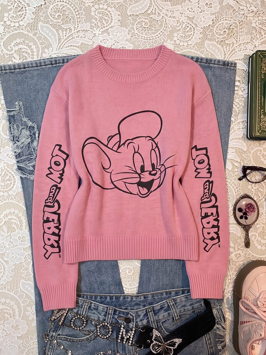 TOM & JERRY X SHEIN SHEIN EZwear 大尺碼可愛卡通印花圓領長袖毛衣,適合學校與外出,冬季穿著 - 彩色 - 查看 1