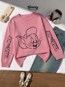 TOM & JERRY X SHEIN SHEIN EZwear 大尺碼可愛卡通印花圓領長袖毛衣，適合學校與外出，冬季穿著 - 彩色 - 查看 7