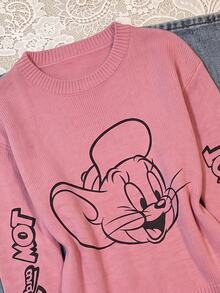 TOM & JERRY X SHEIN SHEIN EZwear 大尺碼可愛卡通印花圓領長袖毛衣，適合學校與外出，冬季穿著 - 彩色 - 查看 5