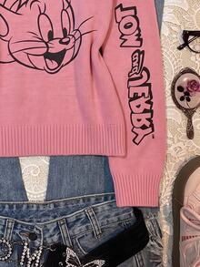 TOM & JERRY X SHEIN SHEIN EZwear 大尺碼可愛卡通印花圓領長袖毛衣，適合學校與外出，冬季穿著 - 彩色 - 查看 4