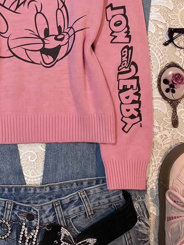 TOM & JERRY X SHEIN SHEIN EZwear Plus Size Cute Cartoon Print Round Neck Long Sleeve Sweater For School And Outings Winter - Multicolor - View 4