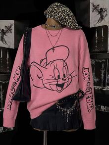 TOM & JERRY X SHEIN SHEIN EZwear 大尺碼可愛卡通印花圓領長袖毛衣，適合學校與外出，冬季穿著 - 彩色 - 查看 6