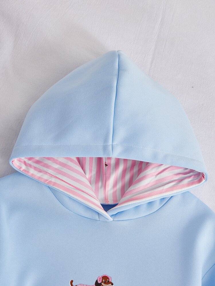 SHEIN Girls' Soft Cute Sweet Style Blue Hooded Sweatshirt, Loose Fit Comfortable With Dachshund Puppy Graphic Print On Chest, Blue And White Striped Lining With Matching Puppy Pattern, Simple Versatile For Daily Wear, School, Medium Thickness, Autumn/Winter 1pc - Baby Blue - View 6