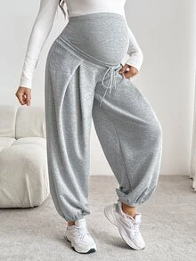 SHEIN بنطلون رياضي فضفاض للحوامل بلون موحد مع خصر برباط، كاجوال أساسي أنيق ولطيف للخروجات - رمادي - مشاهدة 7