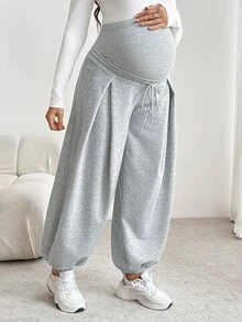SHEIN بنطلون رياضي فضفاض للحوامل بلون موحد مع خصر برباط، كاجوال أساسي أنيق ولطيف للخروجات - رمادي - مشاهدة 5