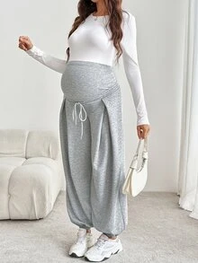 SHEIN بنطلون رياضي فضفاض للحوامل بلون موحد مع خصر برباط، كاجوال أساسي أنيق ولطيف للخروجات - رمادي - مشاهدة 6