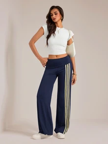 SHEIN Tall Casual Slim-Fit Straight-Leg Trousers For Tall Women, Featuring Navy Blue Webbing Panel Detailing. - Navy Blue - View 5