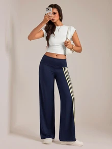 SHEIN Tall Casual Slim-Fit Straight-Leg Trousers For Tall Women, Featuring Navy Blue Webbing Panel Detailing. - Navy Blue - View 9