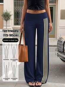 SHEIN Tall Casual Slim-Fit Straight-Leg Trousers For Tall Women, Featuring Navy Blue Webbing Panel Detailing. - Navy Blue - View 1