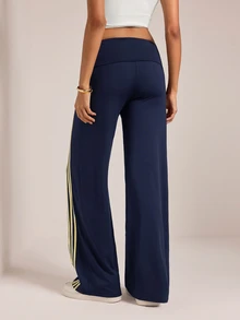 SHEIN Tall Casual Slim-Fit Straight-Leg Trousers For Tall Women, Featuring Navy Blue Webbing Panel Detailing. - Navy Blue - View 2