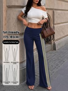SHEIN Tall Casual Slim-Fit Straight-Leg Trousers For Tall Women, Featuring Navy Blue Webbing Panel Detailing. - Navy Blue - View 4