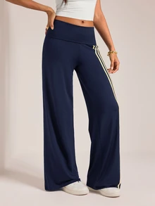 SHEIN Tall Casual Slim-Fit Straight-Leg Trousers For Tall Women, Featuring Navy Blue Webbing Panel Detailing. - Navy Blue - View 6