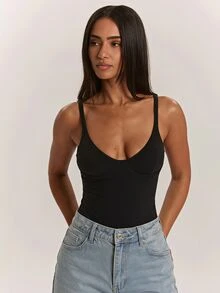 SHEIN BAE 女款純色細肩帶休閒連身衣 - 黑色 - 查看 7