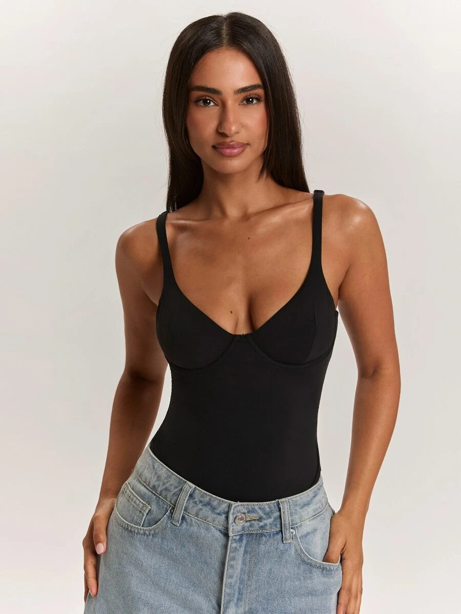 SHEIN BAE 女款純色細肩帶休閒連身衣 - 黑色 - 查看 1