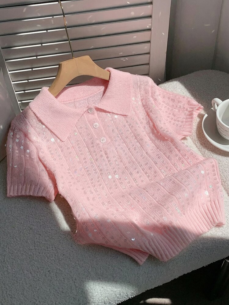 GalTyme Plus Size Sequin Decor Short Sleeve Sweater, Casual Cute Kawaii For Autumn Date Formal Wedding Night Dinner Light Pink - Pink - View 3