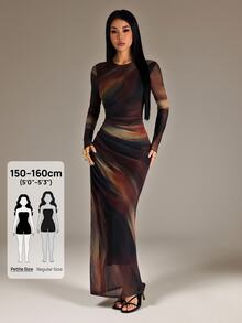 SHEIN PETITE Fashionable Elegant Sexy Tie-Dye Print Dress Night Out Black Autumn - Multicolor - View 1