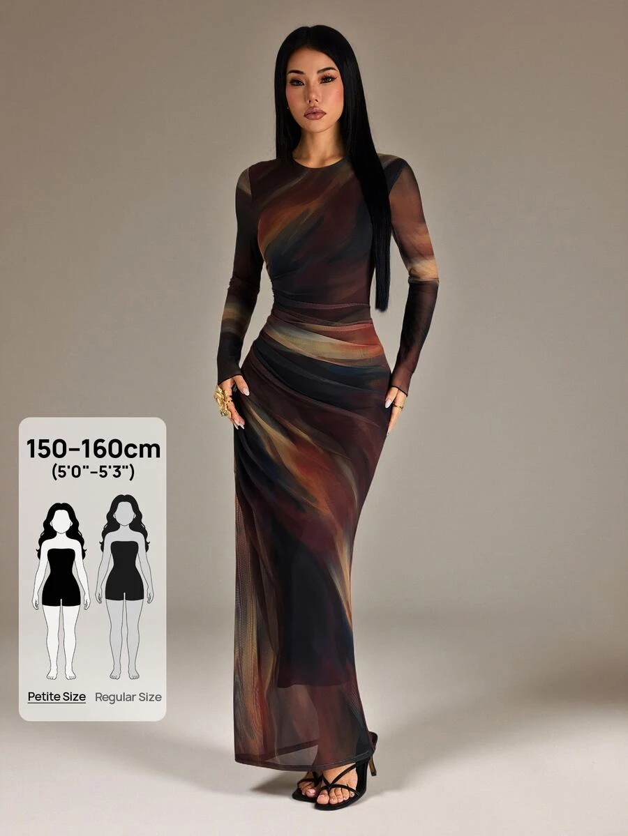 SHEIN PETITE Fashionable Elegant Sexy Tie-Dye Print Dress Night Out Black Autumn - Multicolor - View 1