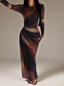 SHEIN PETITE Fashionable Elegant Sexy Tie-Dye Print Dress Night Out Black Autumn - Multicolor - View 6