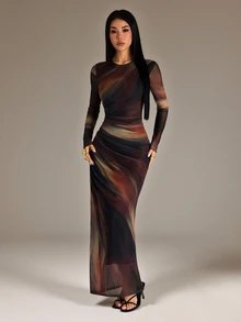 SHEIN PETITE Fashionable Elegant Sexy Tie-Dye Print Dress Night Out Black Autumn - Multicolor - View 9