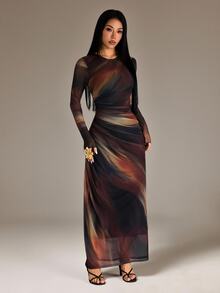 SHEIN PETITE Fashionable Elegant Sexy Tie-Dye Print Dress Night Out Black Autumn - Multicolor - View 4