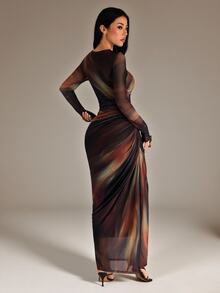 SHEIN PETITE Fashionable Elegant Sexy Tie-Dye Print Dress Night Out Black Autumn - Multicolor - View 2
