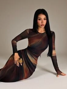 SHEIN PETITE Fashionable Elegant Sexy Tie-Dye Print Dress Night Out Black Autumn - Multicolor - View 7
