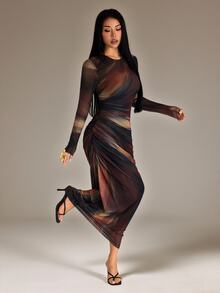 SHEIN PETITE Fashionable Elegant Sexy Tie-Dye Print Dress Night Out Black Autumn - Multicolor - View 5