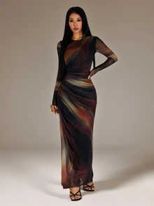 SHEIN PETITE Fashionable Elegant Sexy Tie-Dye Print Dress Night Out Black Autumn - Multicolor - View 3