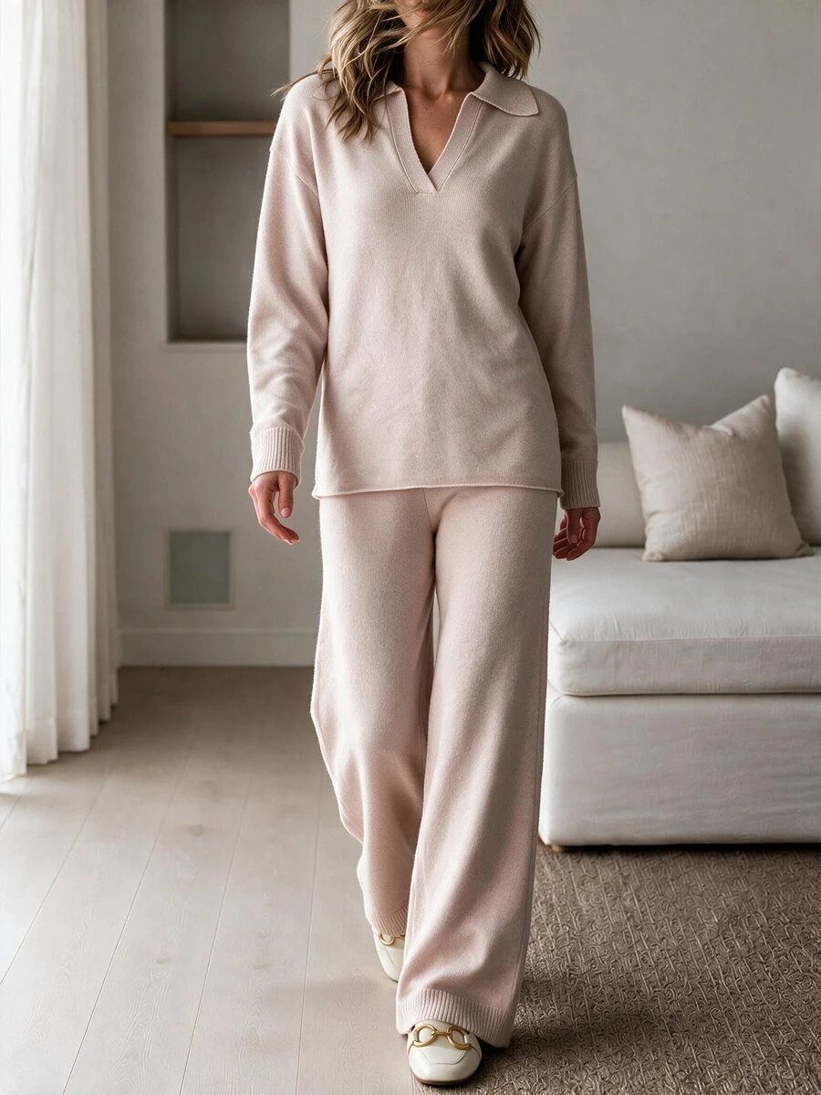 Louniche Solid V-Collar Drop Shoulder Sweater & Knit Pants Set - Khaki - View 1
