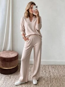 Louniche Solid V-Collar Drop Shoulder Sweater & Knit Pants Set - Khaki - View 3