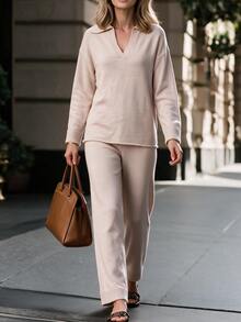 Louniche Solid V-Collar Drop Shoulder Sweater & Knit Pants Set - Khaki - View 5