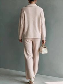 Louniche Solid V-Collar Drop Shoulder Sweater & Knit Pants Set - Khaki - View 2