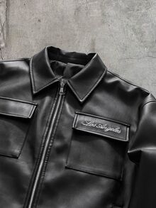 AXEPEAK Men's Letter Embroidered Utility Pocket Casual Zipper Placket Jacket - Black - View 4