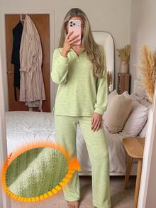 DAZY Autumn/Winter Simple Knit Women's Pajama Set For Home - Green - View 7