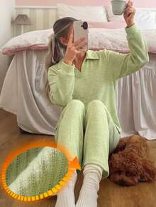 DAZY Autumn/Winter Simple Knit Women's Pajama Set For Home - Green - View 3