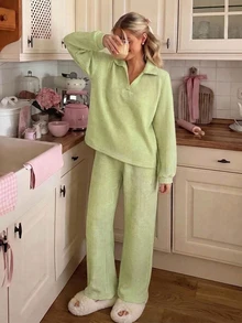 DAZY Autumn/Winter Simple Knit Women's Pajama Set For Home - Green - View 9