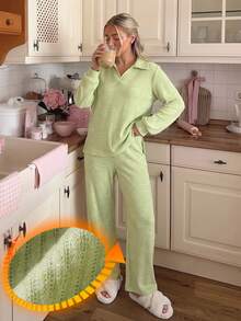 DAZY Autumn/Winter Simple Knit Women's Pajama Set For Home - Green - View 4