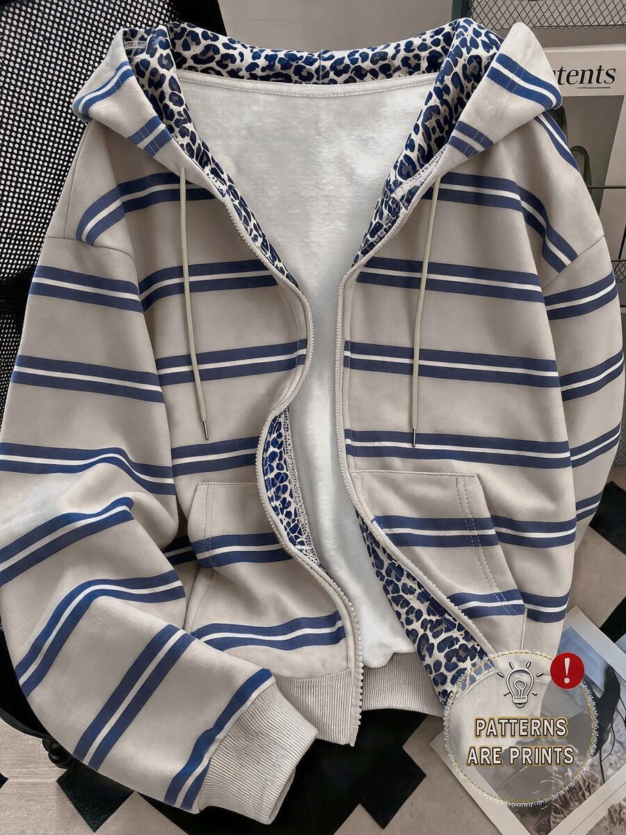 Resyla 女款外套上衣,秋冬新款,圖案設計,多色條紋印花,學生風格,教師節,攝影街拍,女款雙層連帽衛衣 - 彩色 - 查看 1