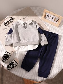 SHEIN Playful Pals 男婴 2 件套可爱熊和足球刺绣衬衫领 2 合 1 运动衫和运动裤秋冬套装，海军蓝，休闲装，适合户外、拍照、派对、学校开学 - 藍色 - 查看 2