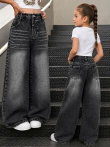 Girls' 26 New Casual Denim Jeans, All-Season Black Washed Vintage Distressed Ripped Fashion Versatile Long Pants Autumn Fall - Black - View 1