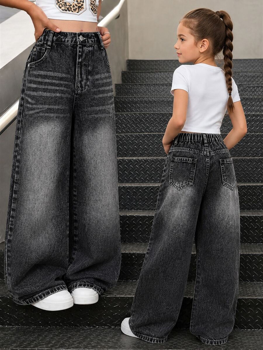 Girls' 26 New Casual Denim Jeans, All-Season Black Washed Vintage Distressed Ripped Fashion Versatile Long Pants Autumn Fall - Black - View 1